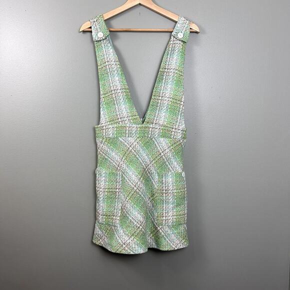 Zara Plaid Pinafore Tweed Dress Pastel Green White Overall Mini size Small - Picture 6 of 15